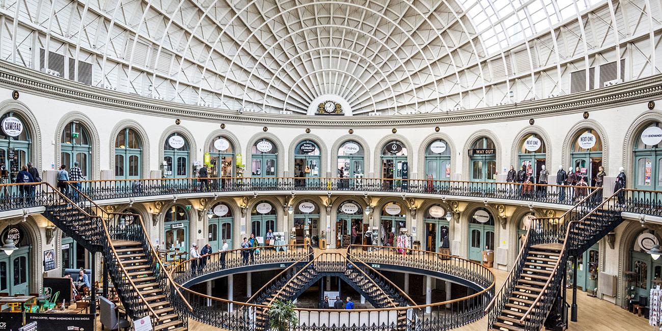Two floors of shops inside the circular Corn Exchange building.