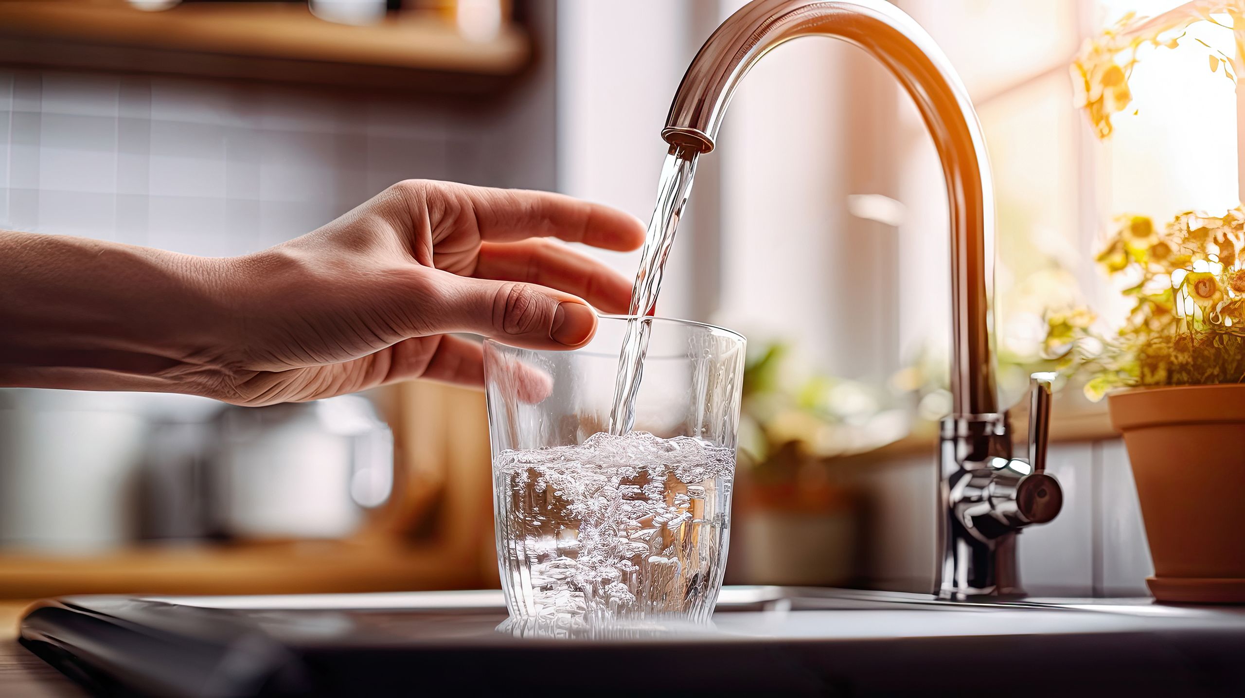 A hand holding a glass of water that is being filled under a tap