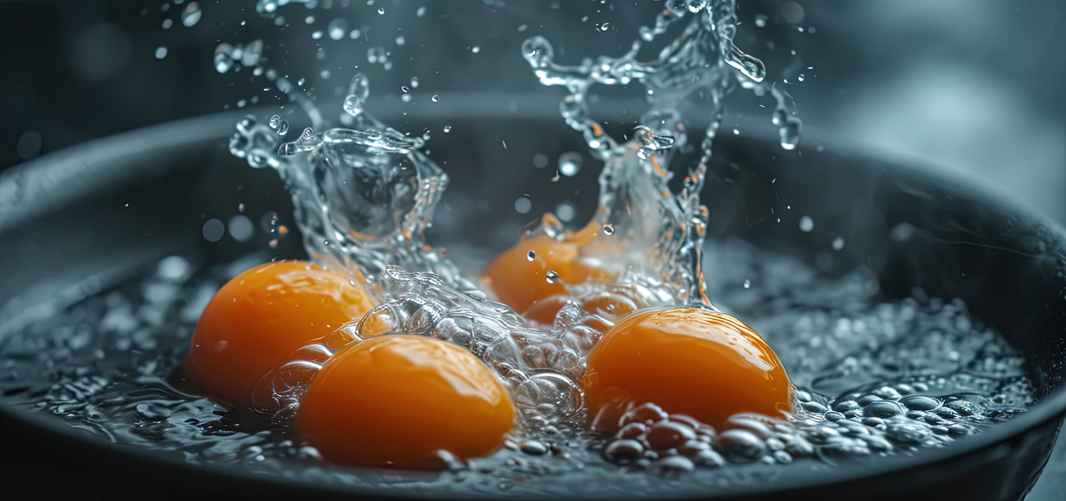 Four hen's eggs cooking in a pan of boiling water.