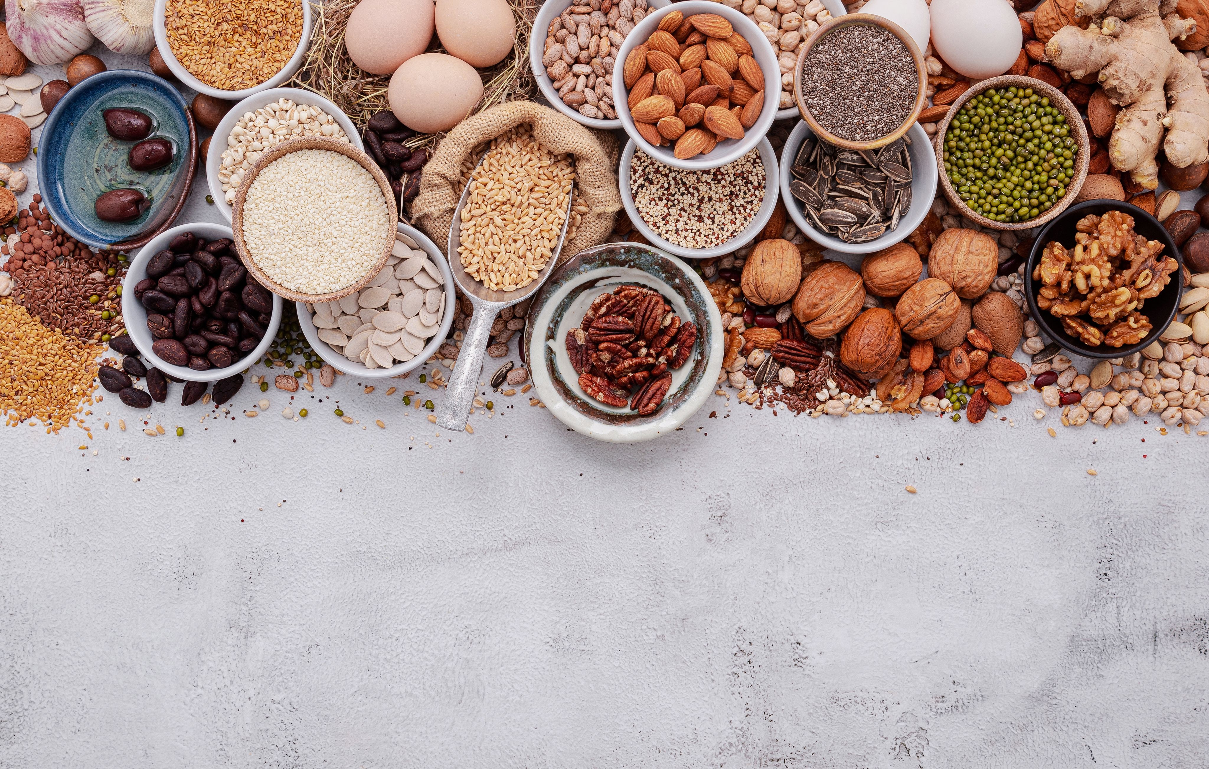 Various natural protein sources such as pulses, eggs and nuts.