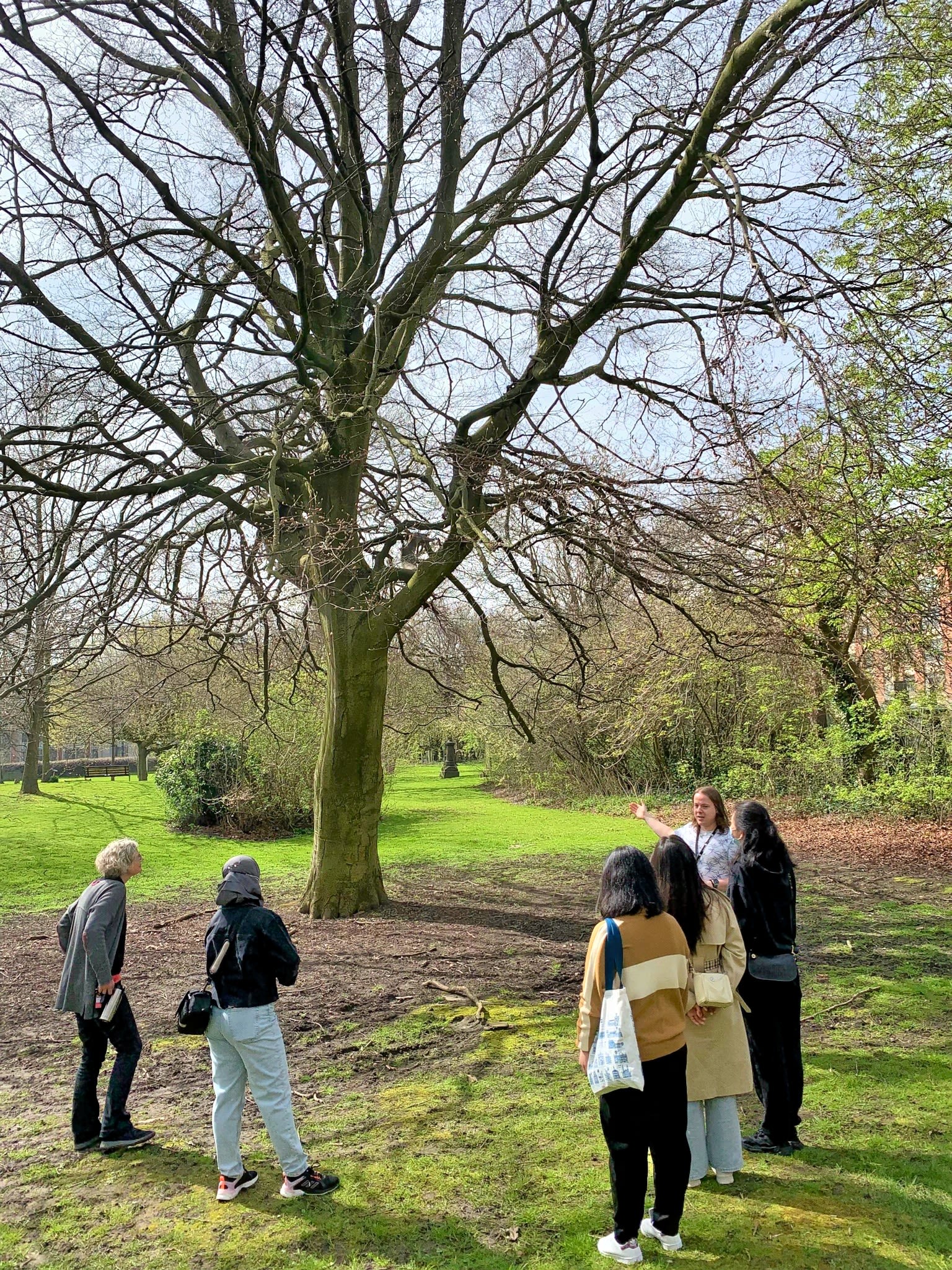 Dr Robin Hayward gesturing to a tree whilst leading a campus tree trail to five other people