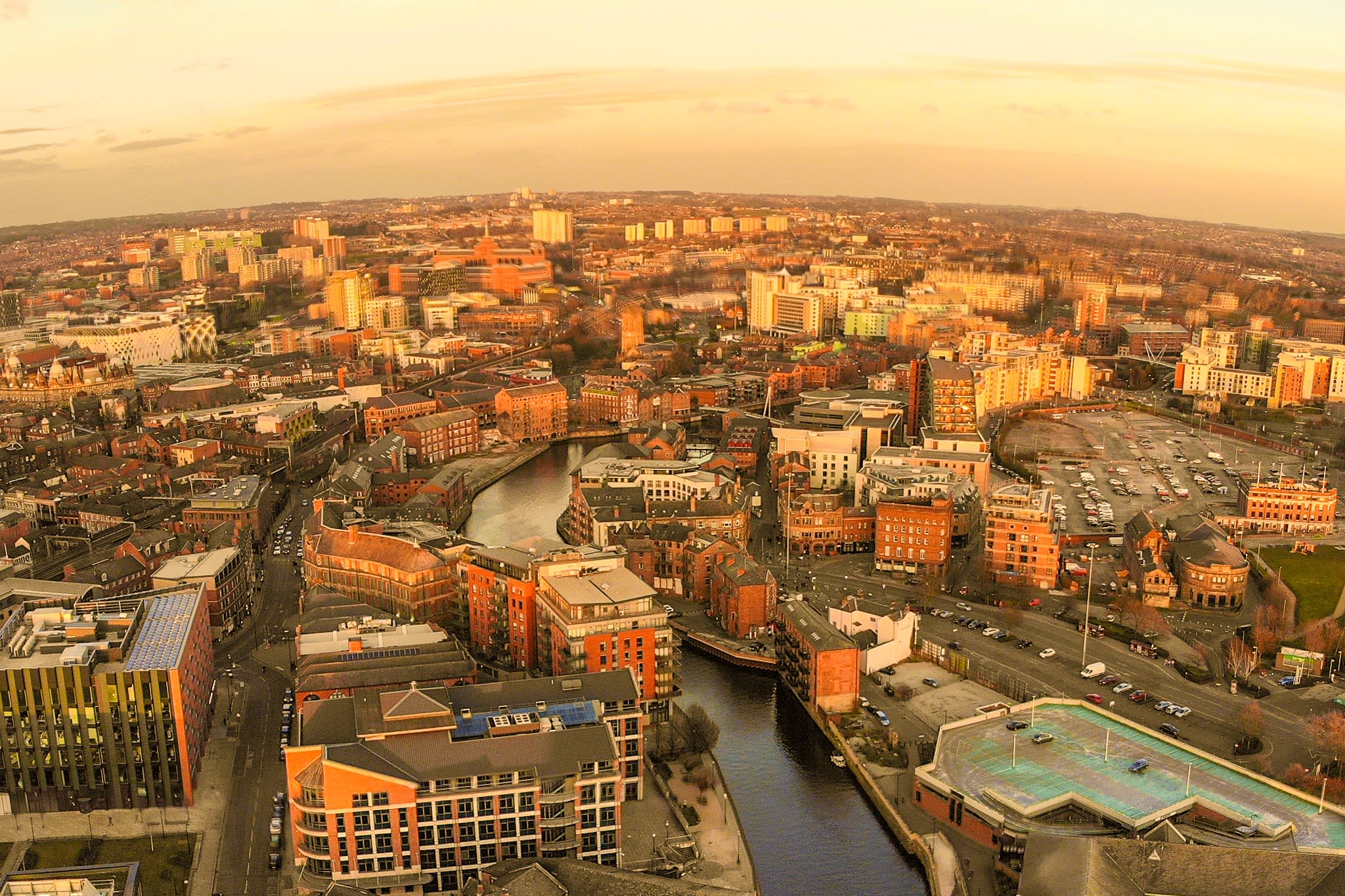 Aerial view of Leeds city at sunset.