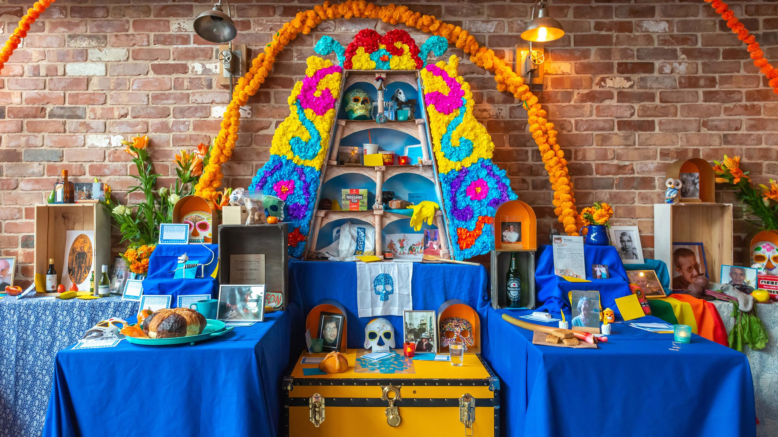 A colourful 'ofrenda', or shrine built to remember the dead containing photos and objects