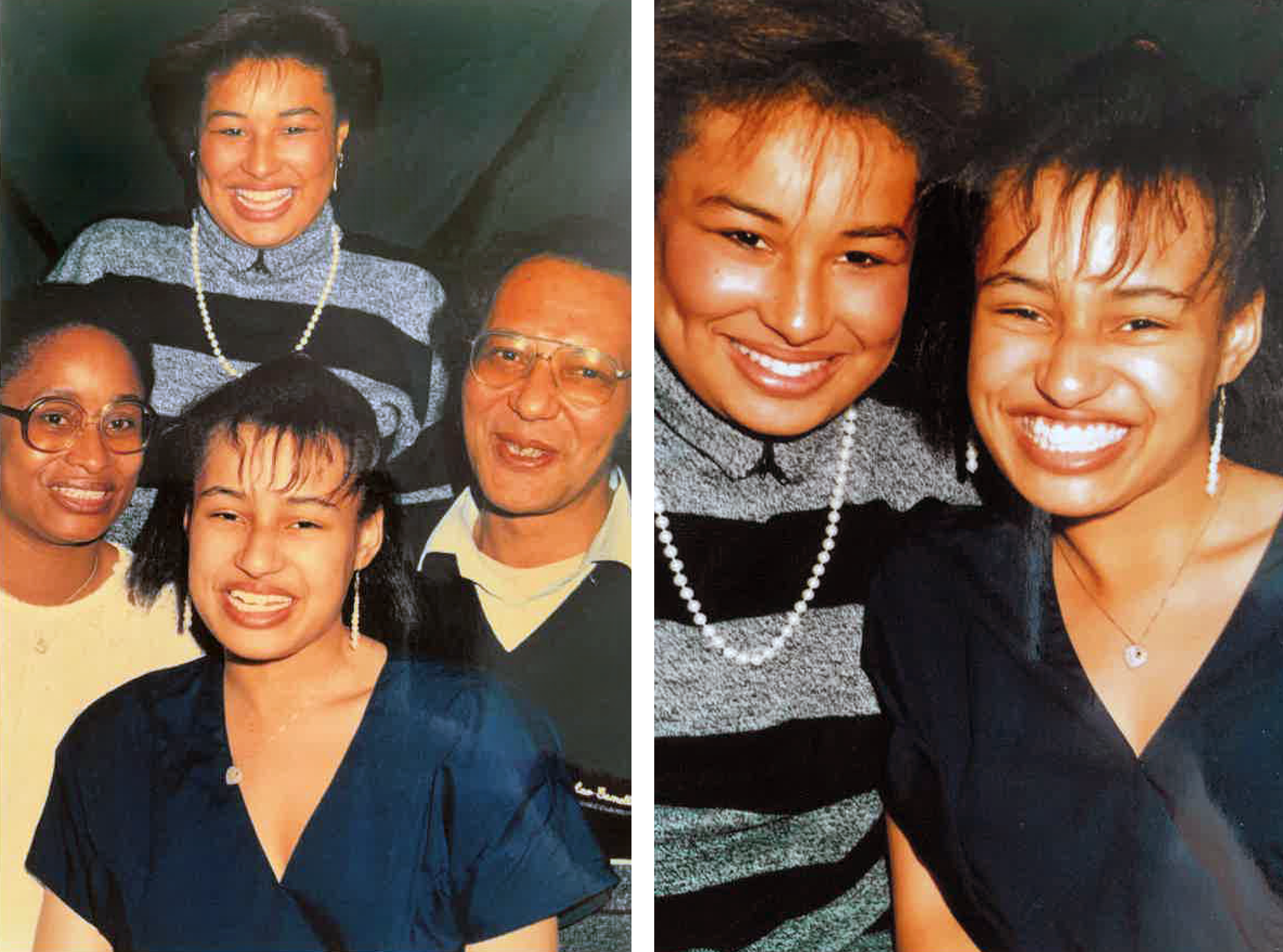 Two images, one of a family of four smiling and the second of two people together smiling.