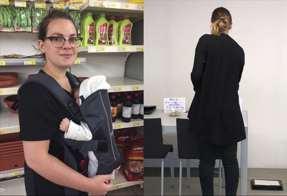 Aulona with her baby strapped to her in a carrier and a research participant with their back to the camera standing in front of a table.