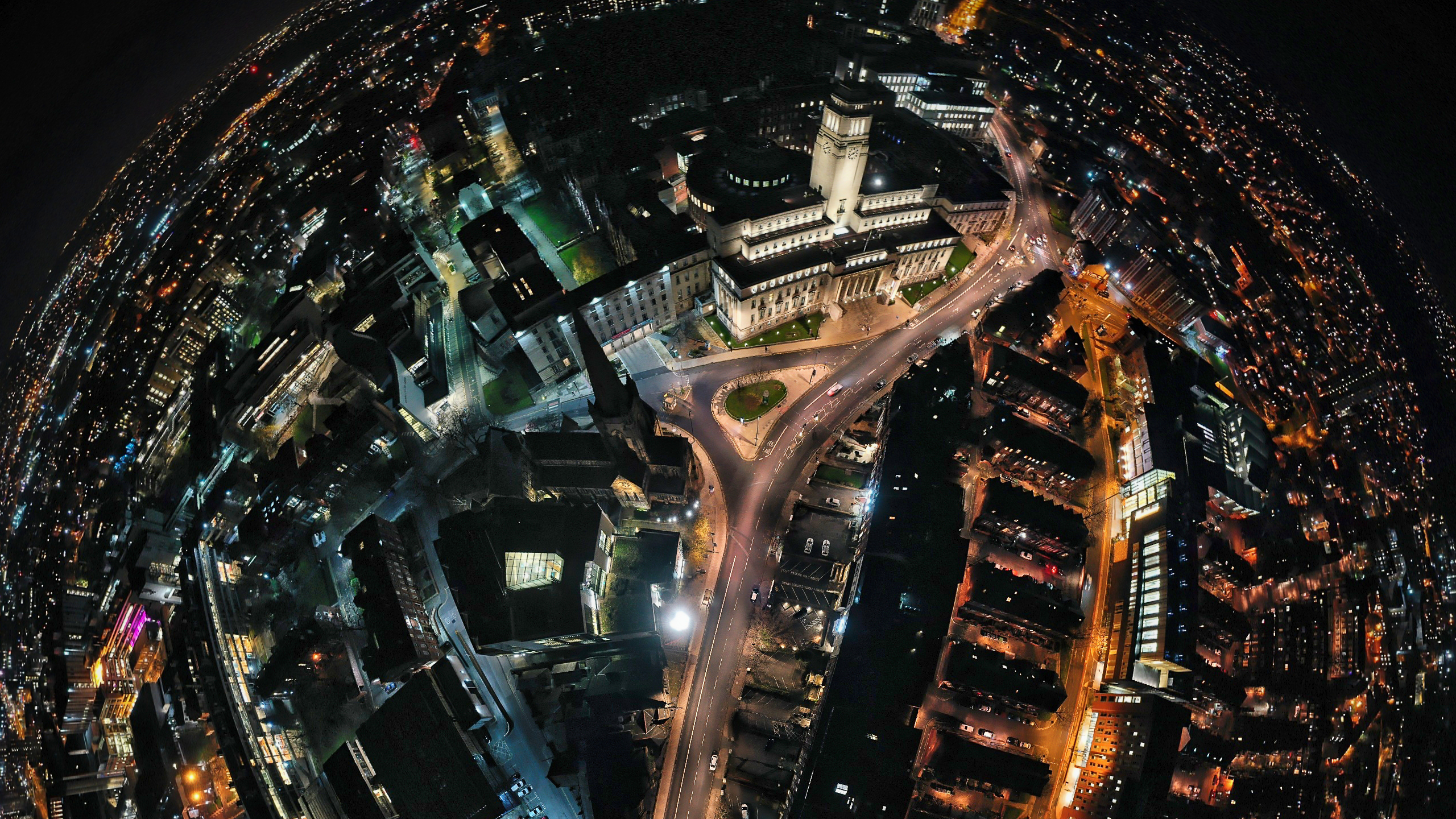 An overhead view of the university campus at nighttime