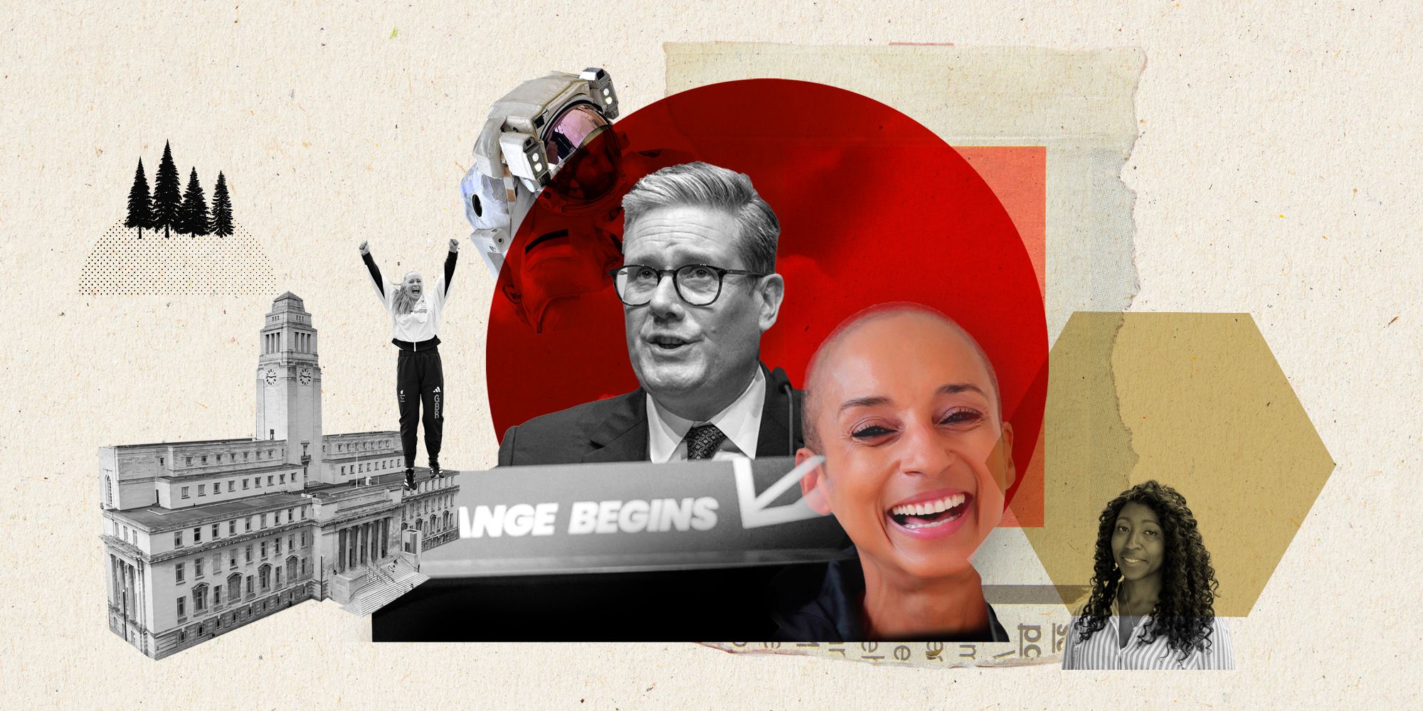 A collage of faces including Sir Keir Starmer and Adele Roberts around a picture of the Parkinson Building