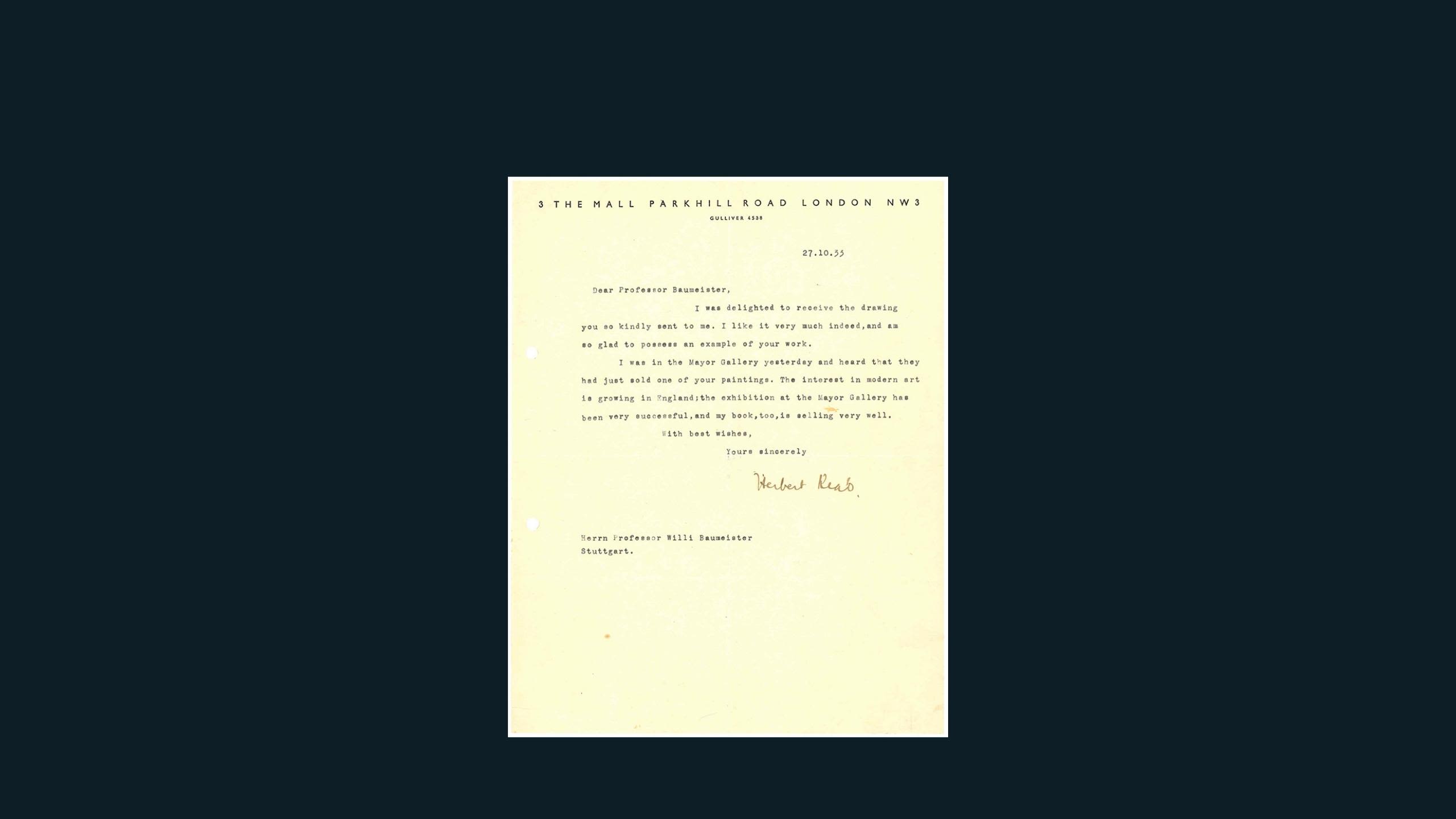 Typed letter. Described under heading: Letter to Baumeister from Read