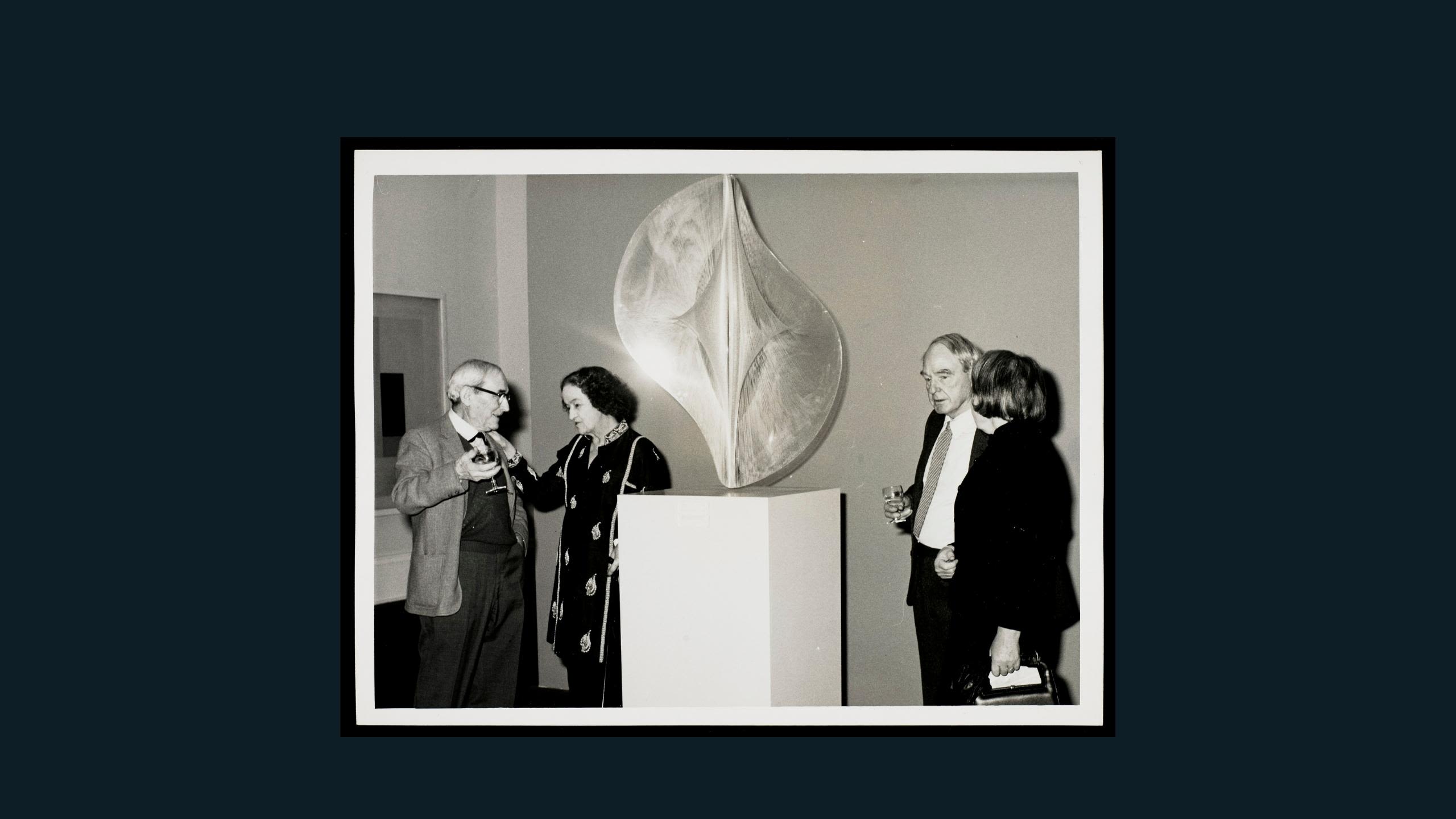Black and white event photograph. Described under heading: Gabo, Hepworth, Moore and Lady Read