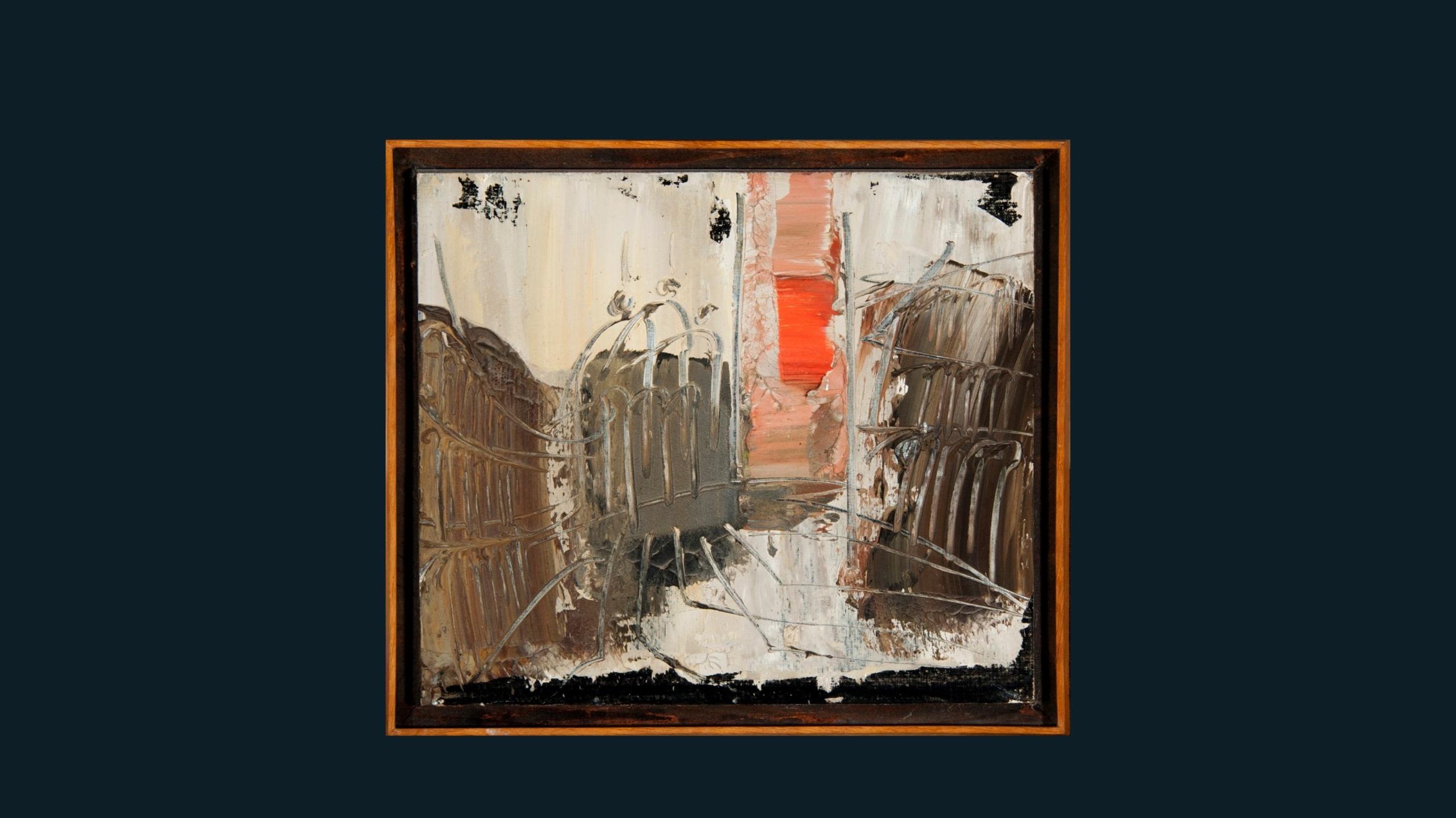 An oil painting on board, featuring varied brushstrokes of brown, white and red paint to create an abstract representation of the Piazza San Marco.