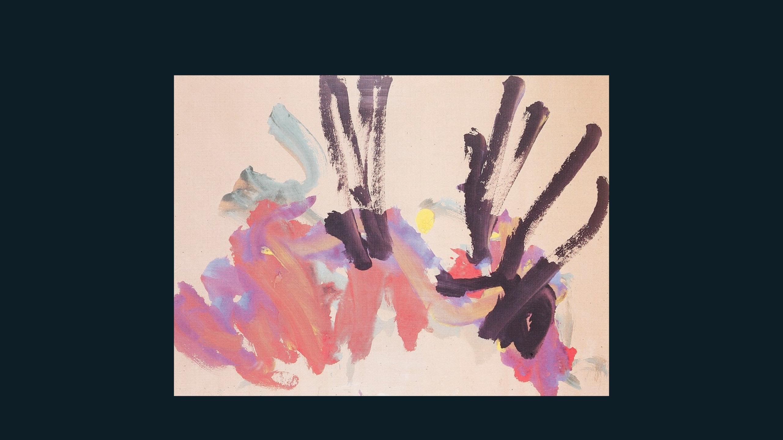 A colourful gouache on paper, featuring a fan pattern of randomised pink, purple, blue and yellow brushstrokes of paint.