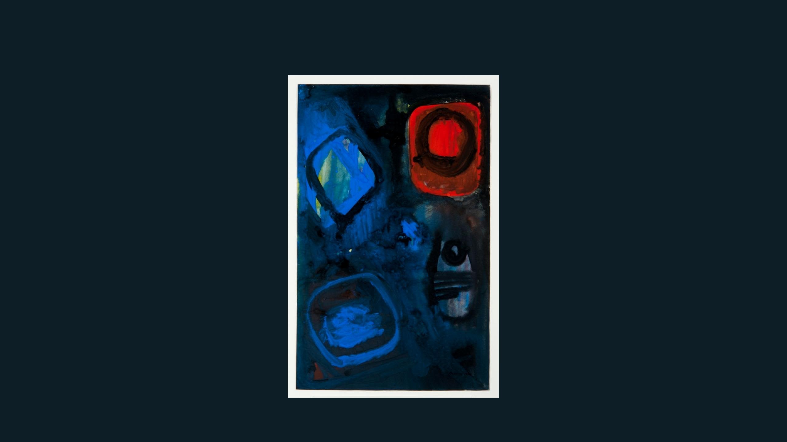 A watercolour painting on paper, featuring large brushstrokes of varied blue and red shades of paint.