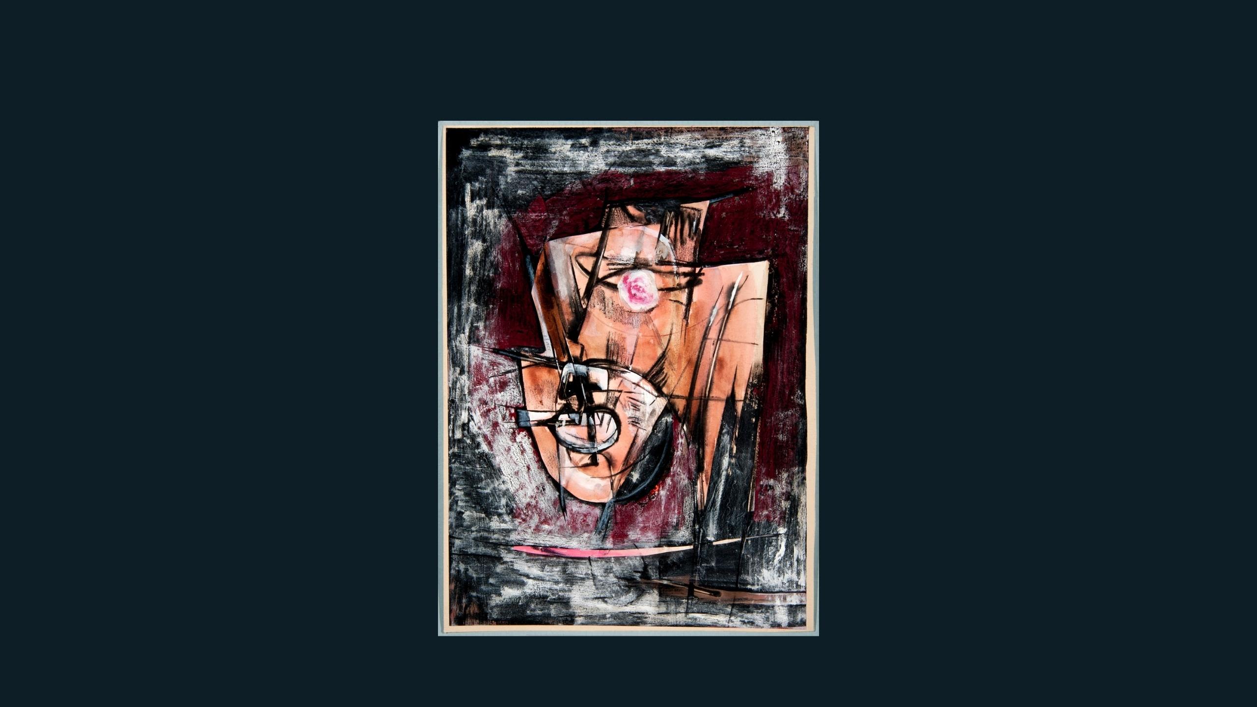 Abstract composition on paper, featuring primary colours of black, maroon and salmon pink.