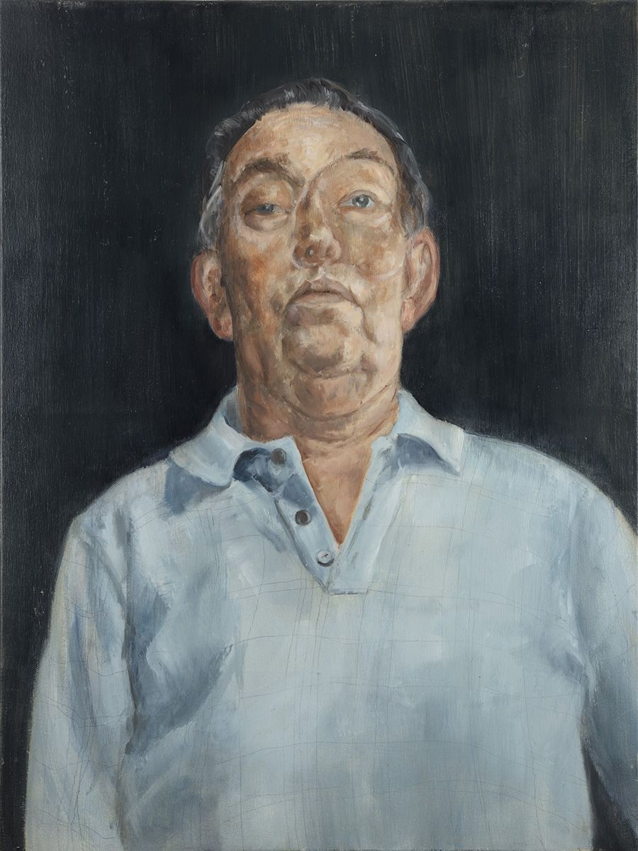 Painting of Peter in a blue top wearing his prosthesis