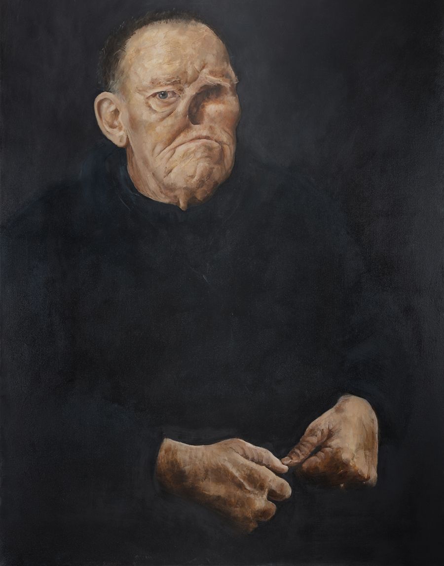 A painting of Robin on a dark background without a prosthesis