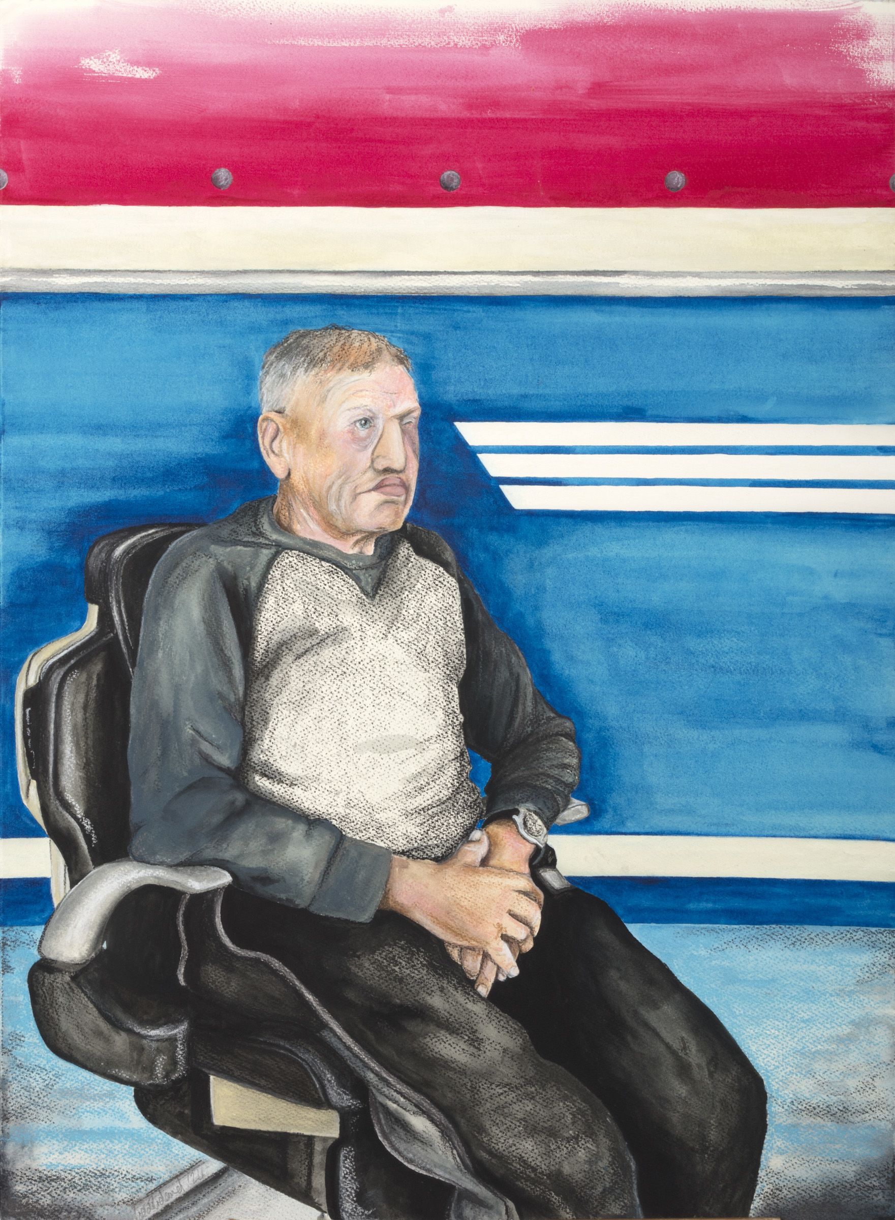 Portrait of David sat in an examination chair looking into the distance. 