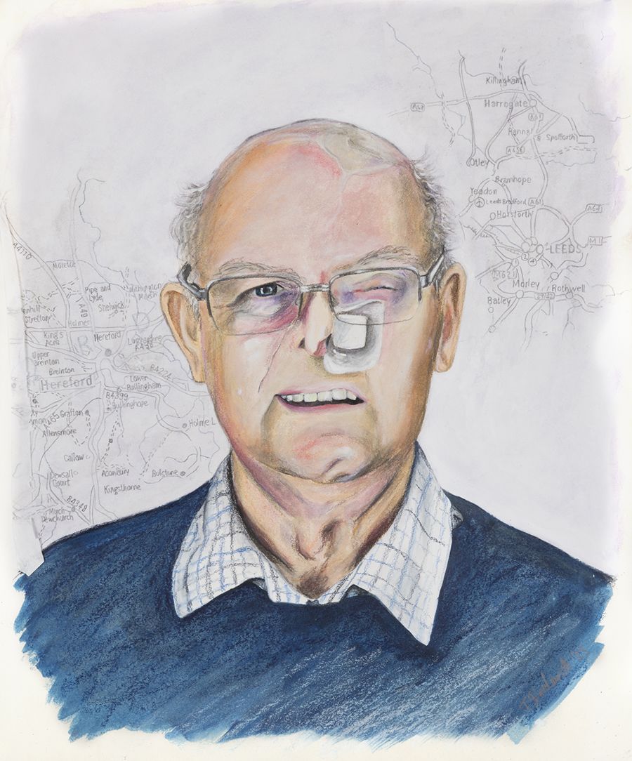 Painting of Derek wearing a blue jumper, glasses and a white plaster on his face with maps of Leeds and Hereford in the background