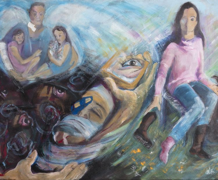 Painting of Rebecca sat taking her boot off, with family and medics stood behind.