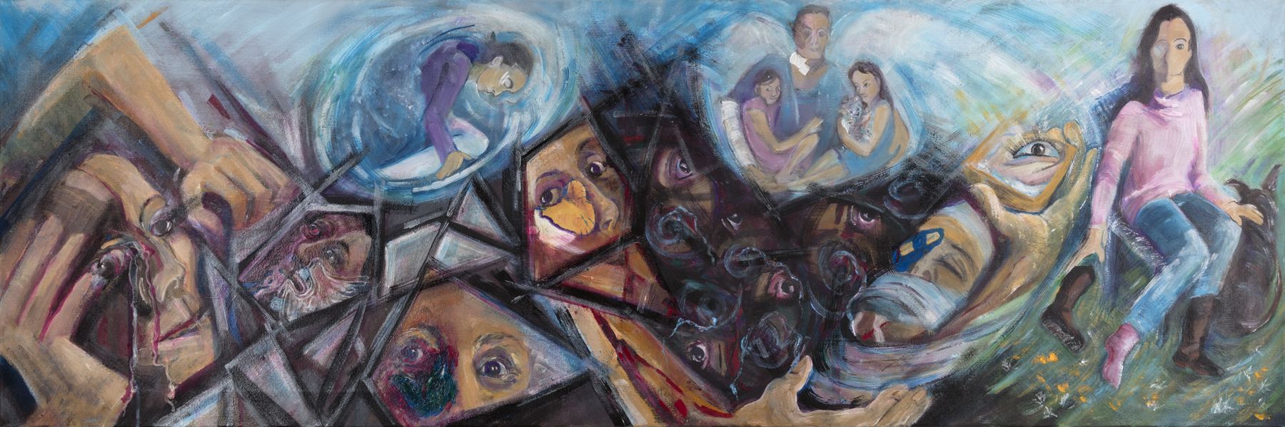 A collection of images depicting Rebecca's cancer journey, including paint, reflections, struggles and support.