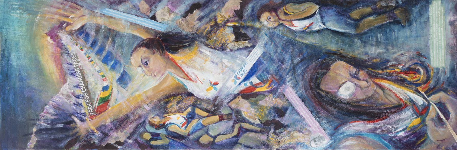 Painting of Rebecca with hands above head. Text reads Trek for Changing Faces.