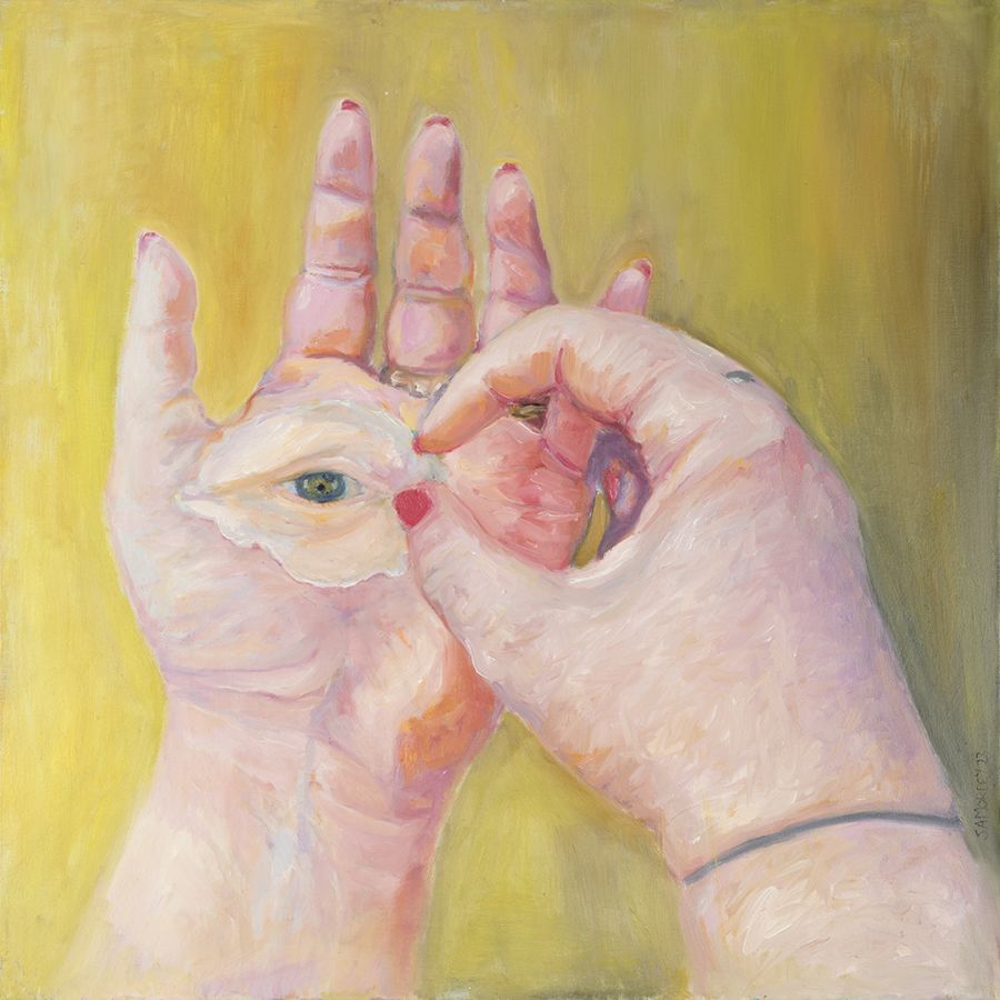 Painting of hands holding a prosthesis in one palm