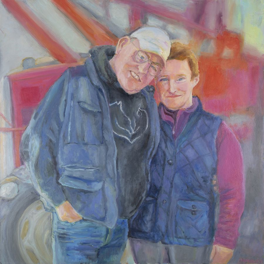 Painting of Tim and Janet with a tractor in the background
