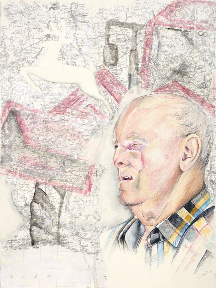Painting of Derek wearing a prosthesis surrounded by maps, a deer and a tractor