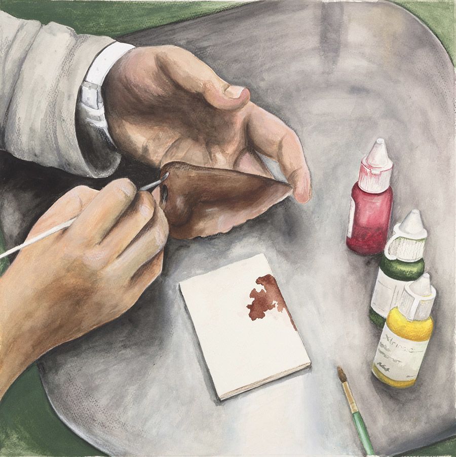 Painting of hands sculpting and painting a prosthetic nose.