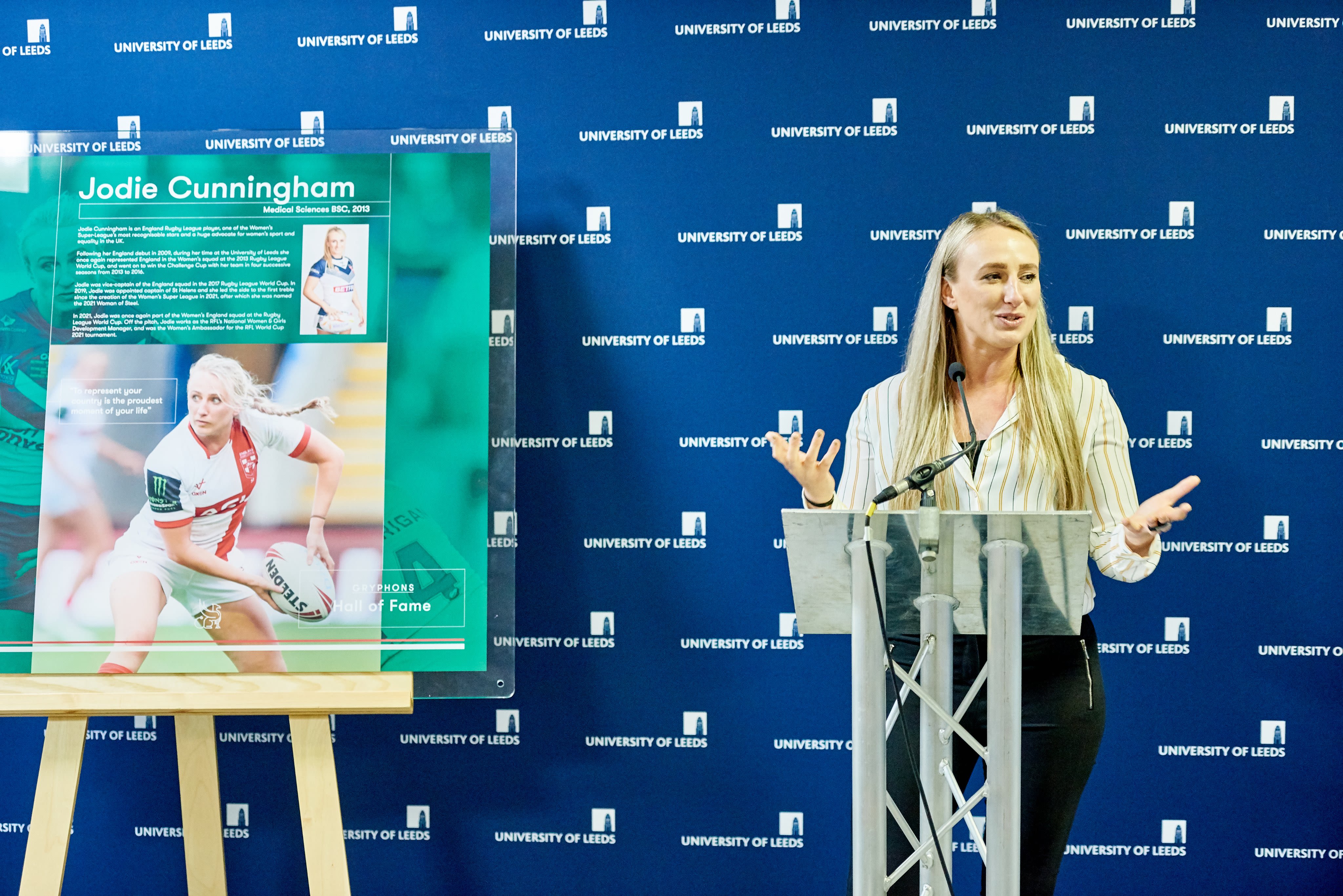 Jodie Cunningham giving a speech at the Leeds Sport Hall of Fame awards