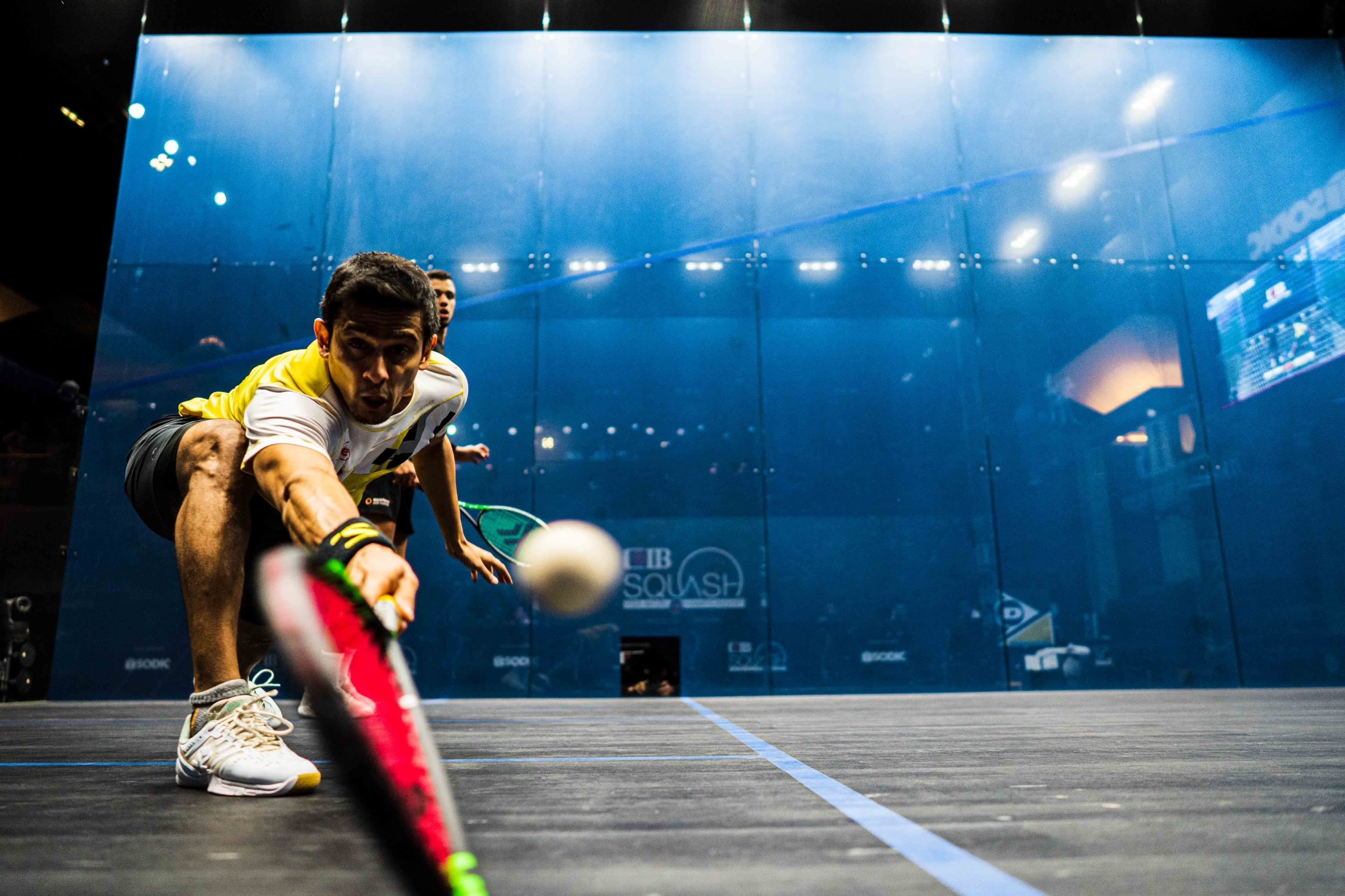 Saurav Ghosal plays squash on court