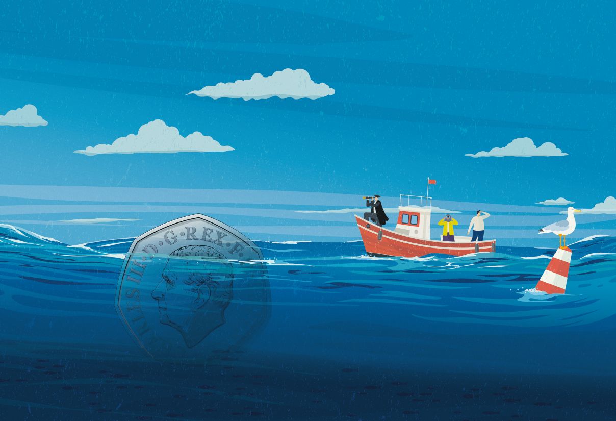 A cartoon of a ship sailing towards a fifty pence coin