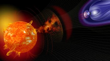 An artist’s illustration of events on the sun changing the conditions in near-Earth space