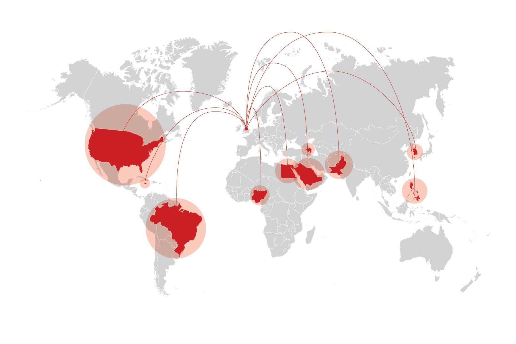 A map with lines from Leeds to countries around the world