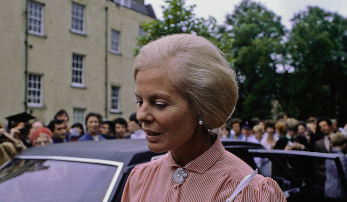 Duchess of Kent exiting a car in front of a crowd