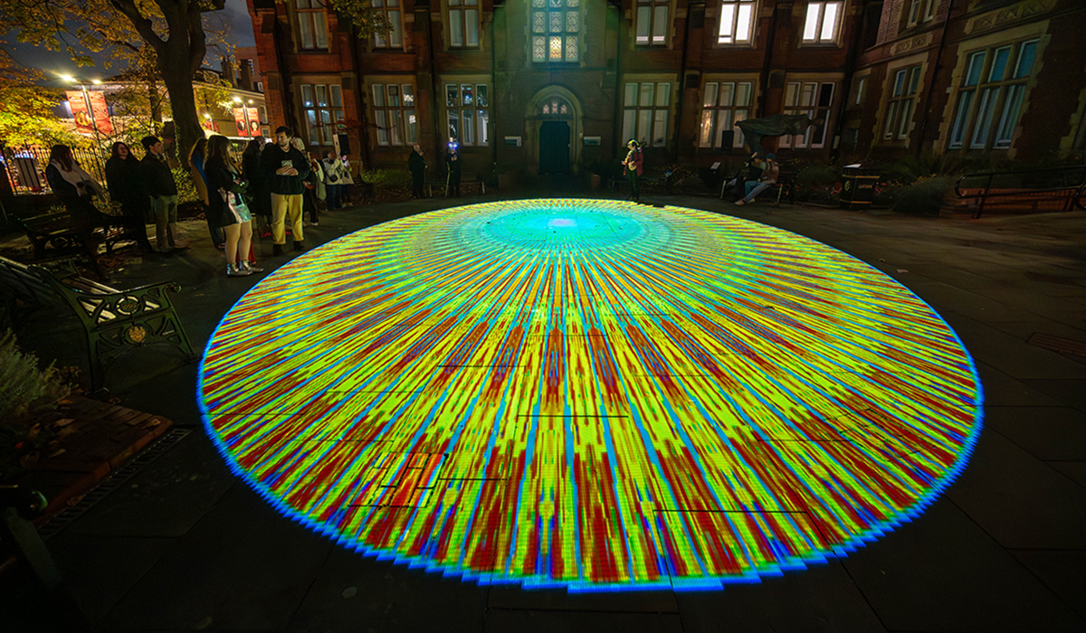 A light display outside a University of Leeds building