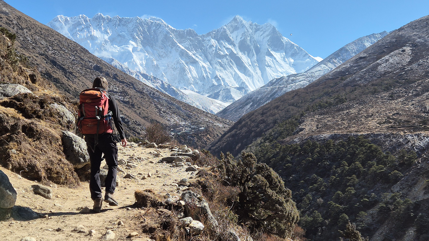 A walker hikes towards snow-capped peaks