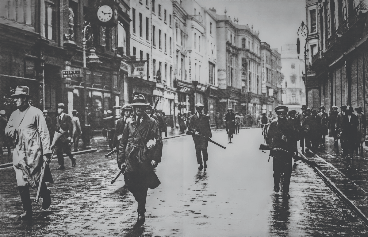 Soldiers march in the street in a black and white image