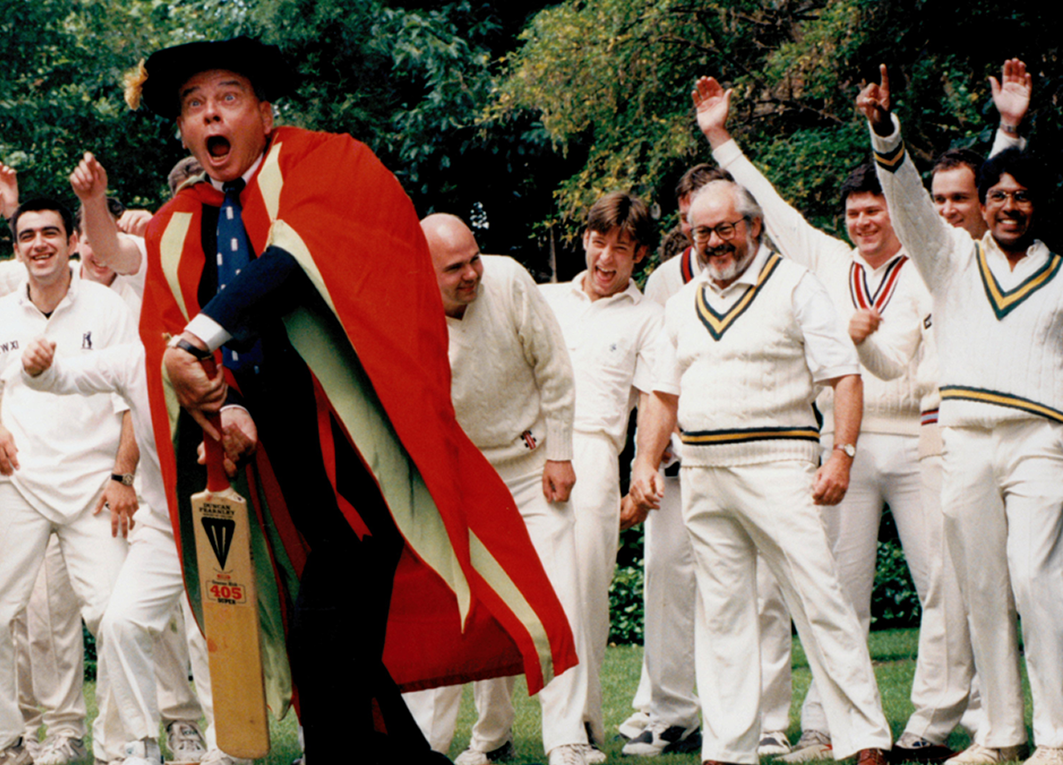 Dickie Bird plays cricket in academic dress