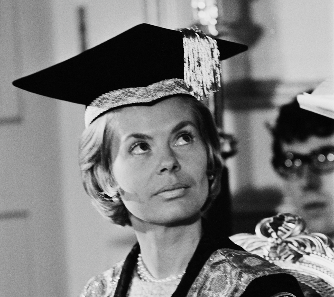 The Duchess of Kent in academic dress in a black and white photograph