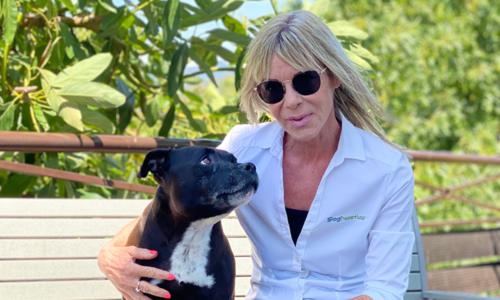 Woman sat on a bench with a dog
