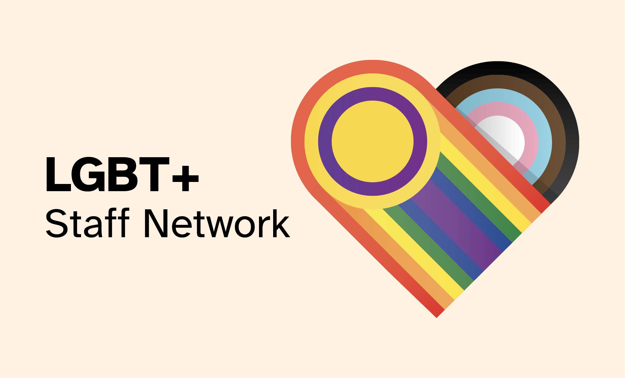 LGBT+ Staff Network logo with text alongside it reading LGBT+ Staff Network