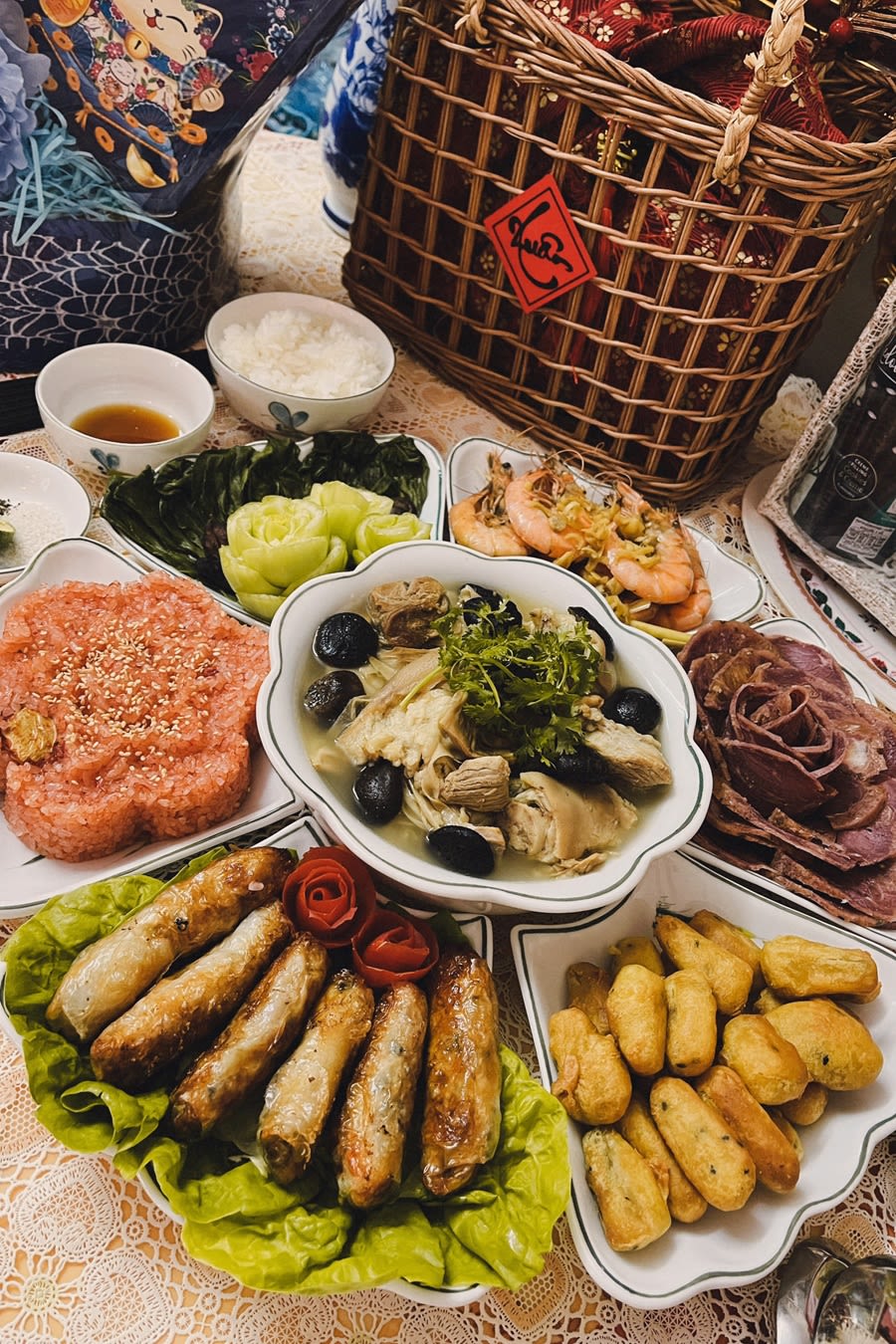 A banquet of food laid out on a table