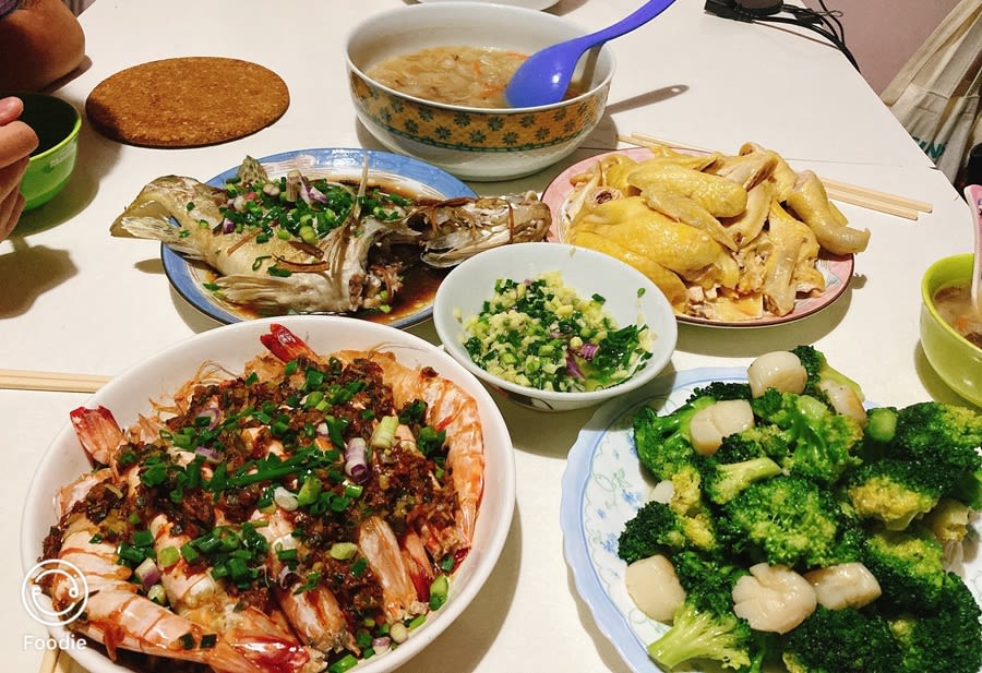 Dishes of food laid out on a table for a banquet