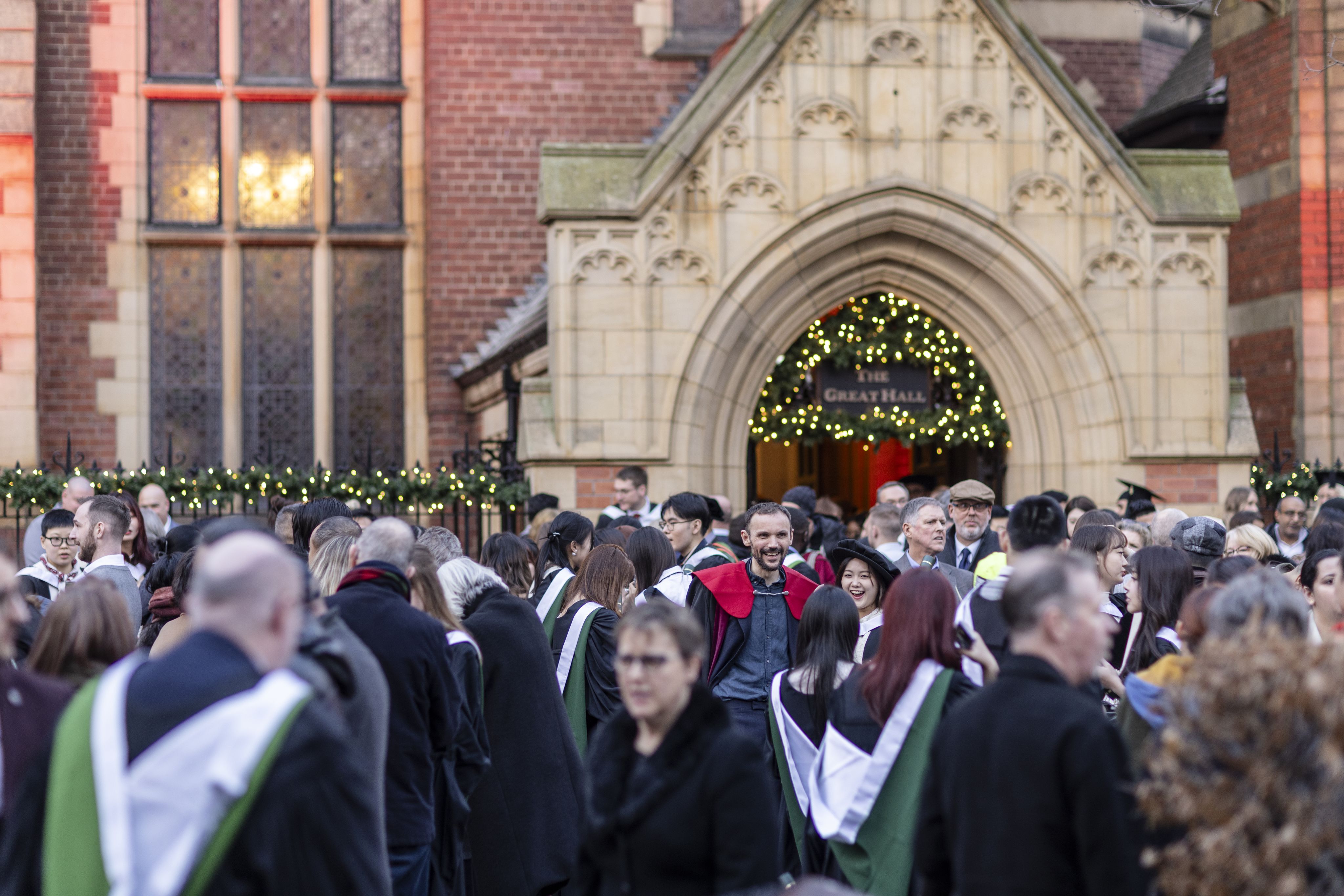 outside the Great Hall during winter graduation
