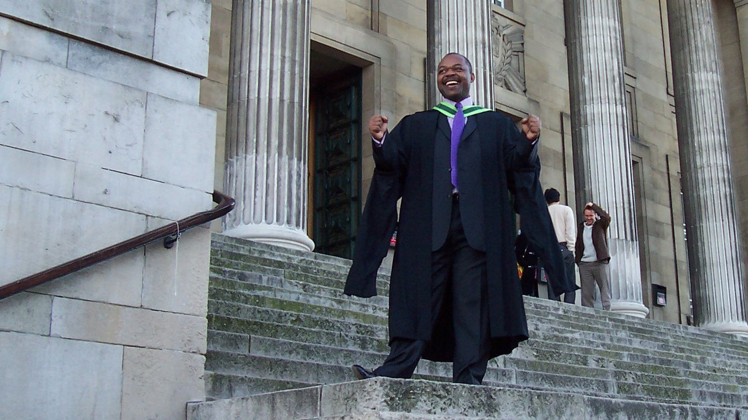 A close up of Parkinson Building tower, showing the clock. Blue sky in the background..