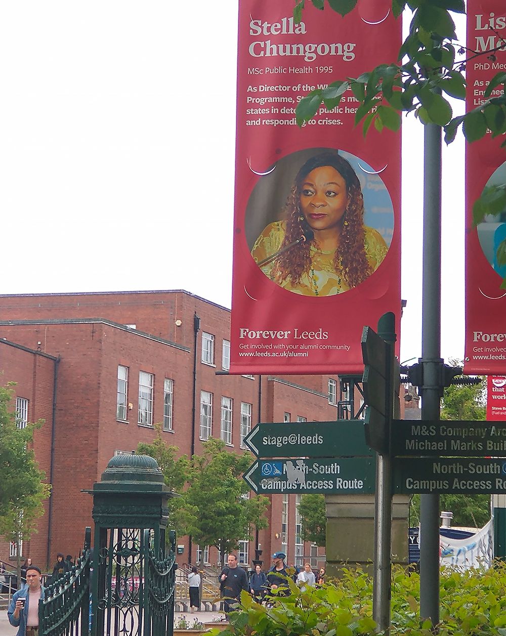 banner showing Stella Chungong on University of Leeds campus