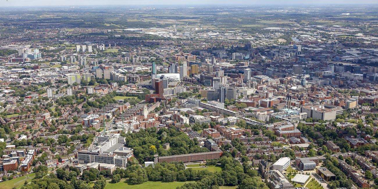 Aerial view of campus and Leeds city centre.