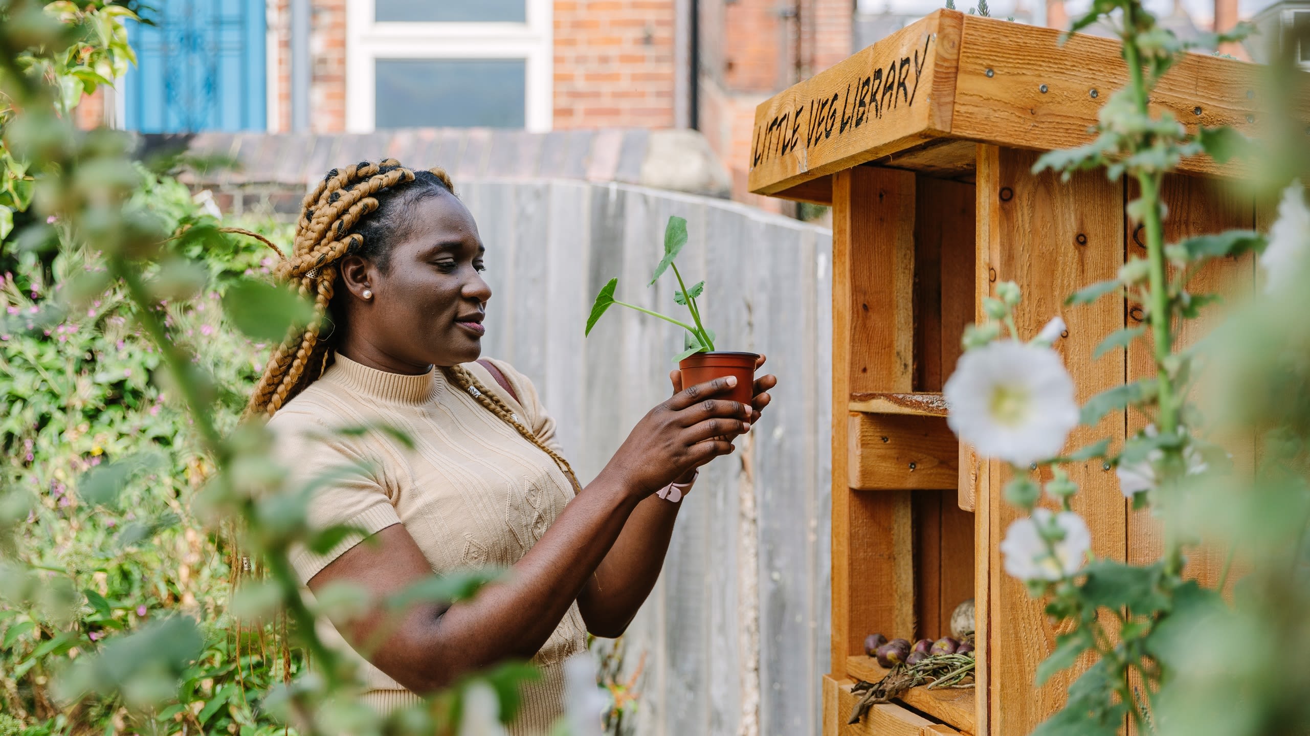 A person holding a small plant in a plant pot, next to a wooden structure called a Little Veg Library