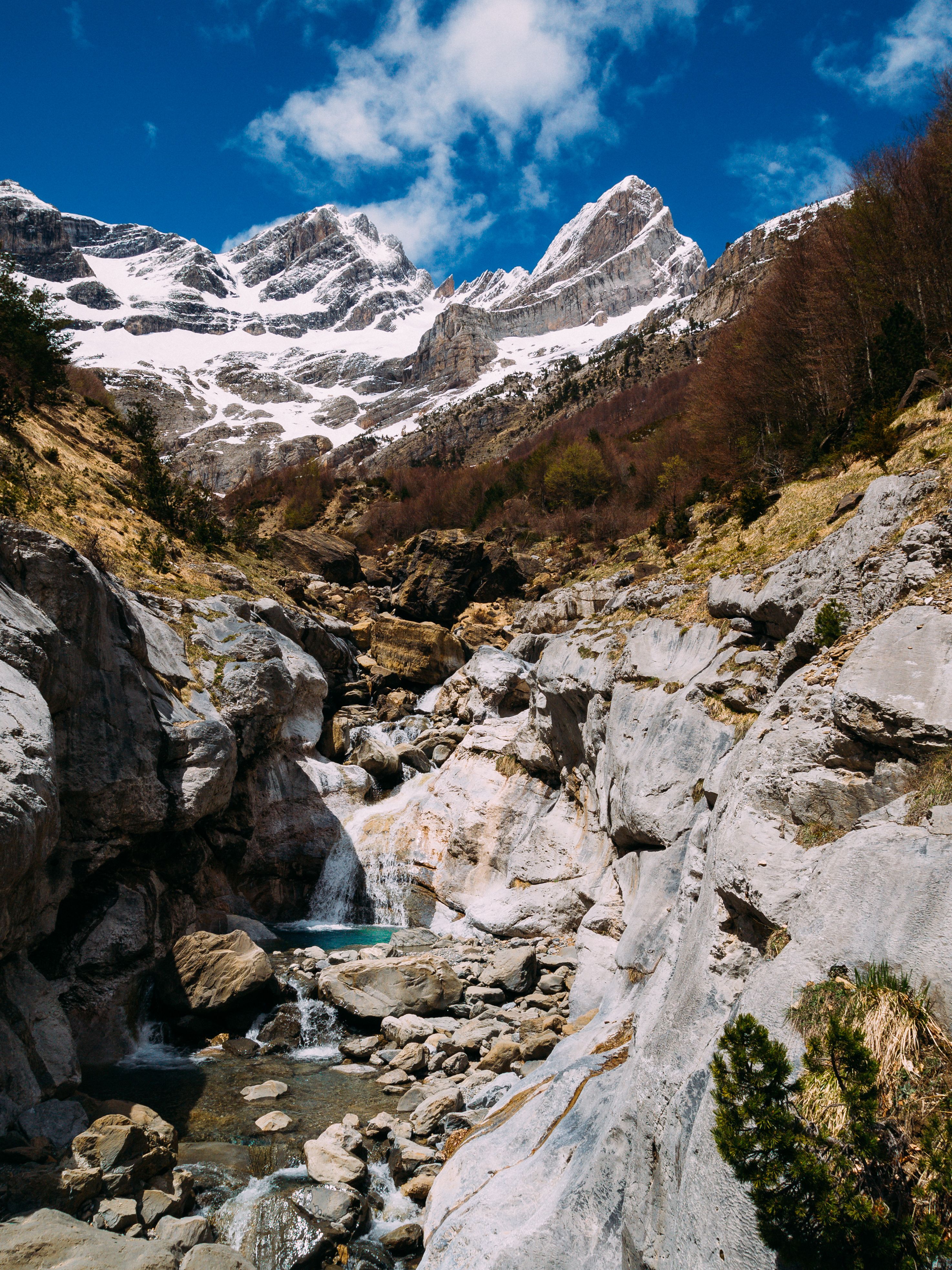 A rocky, shrub-covered path with tall, snowy mountains behind.