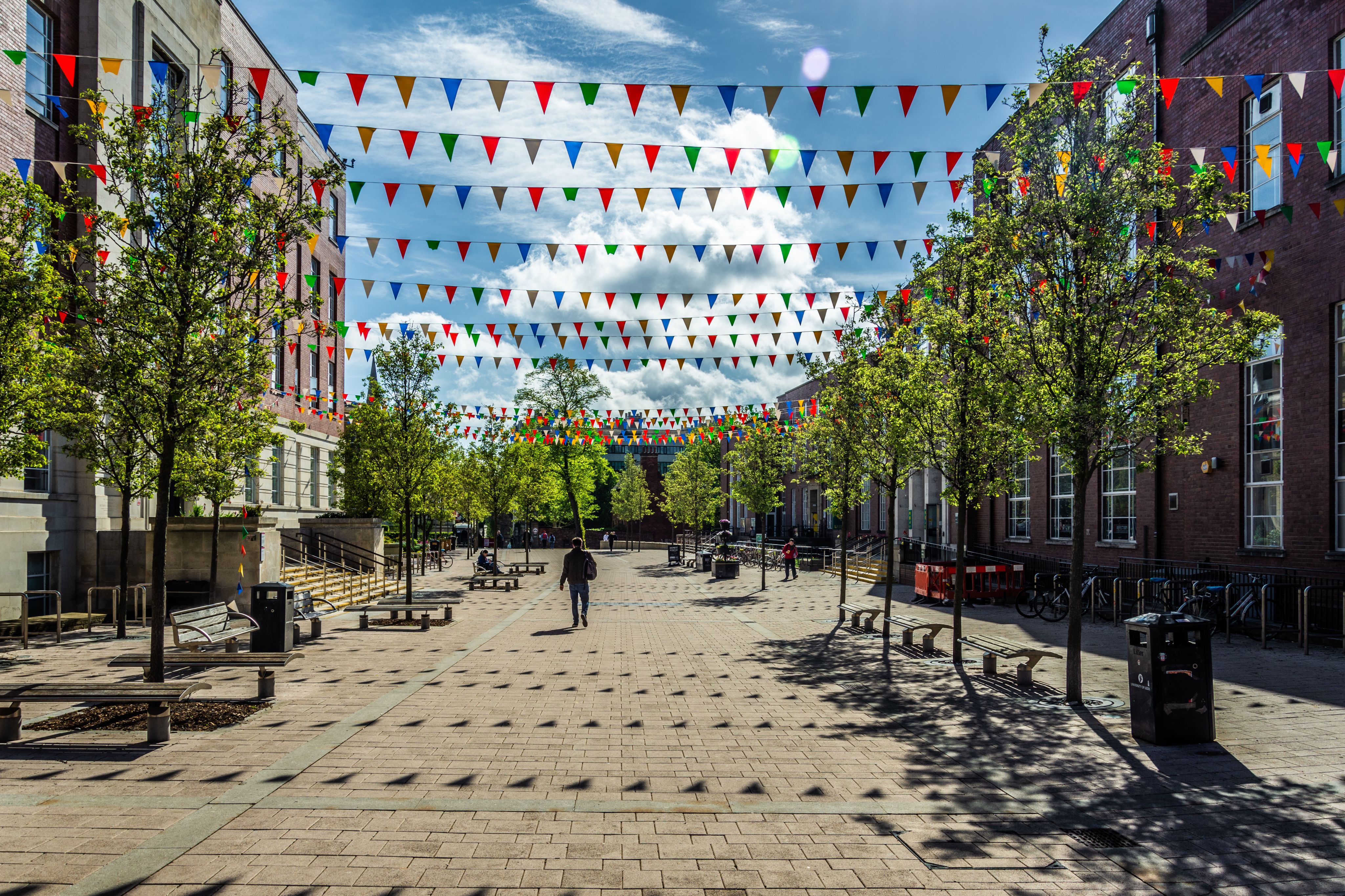 Sun shines on flags outside Union building